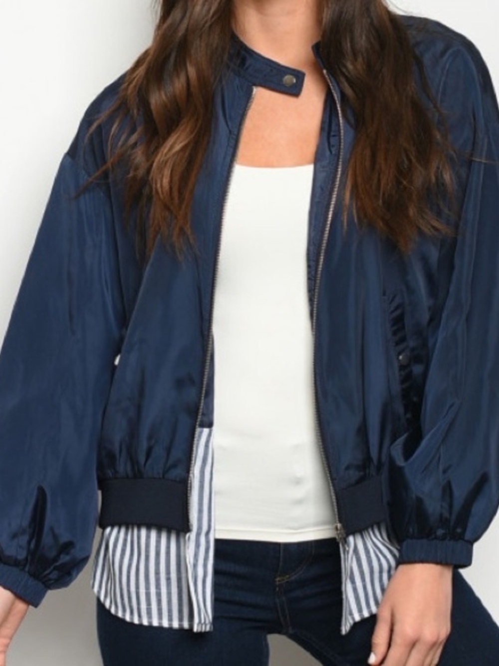 New Promesa Bomber Jacket with Built-In Shirt Layer Navy Lightweight Womens Boho